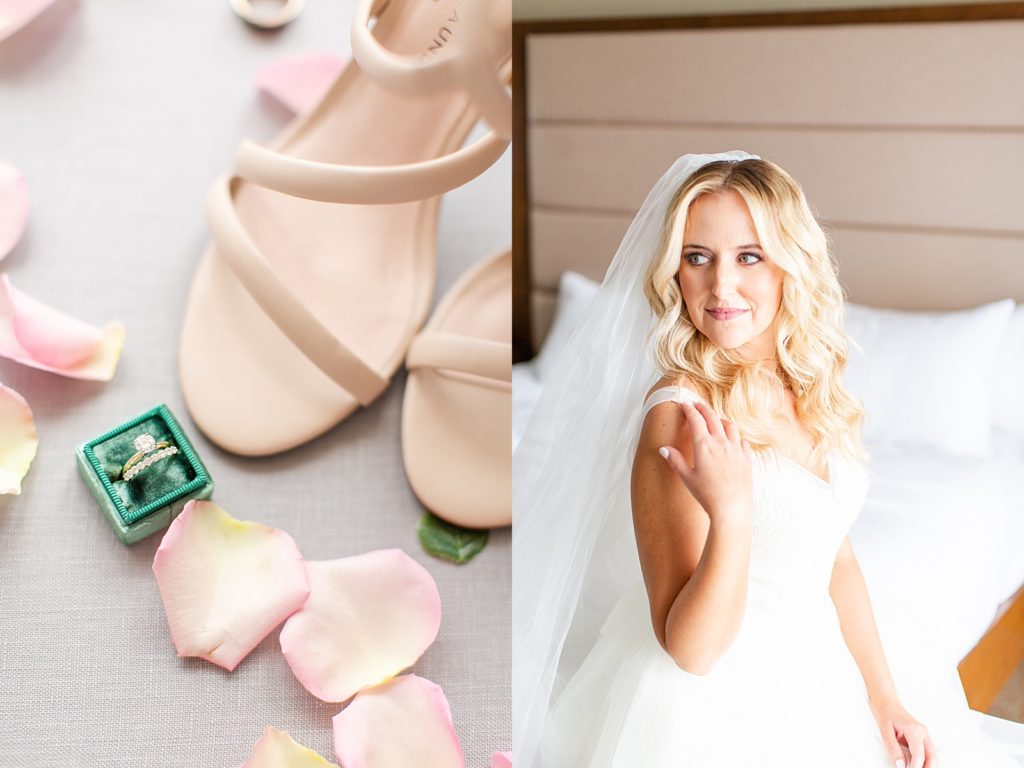 bridal shoes with rings in a ring box