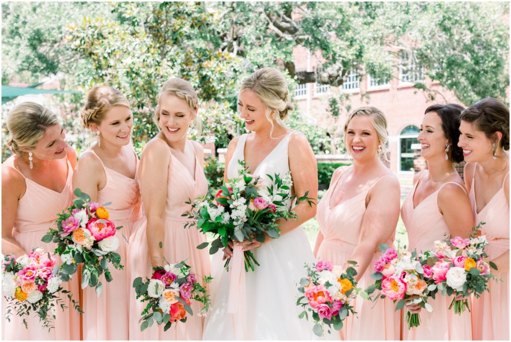 bridesmaids in peach dresses