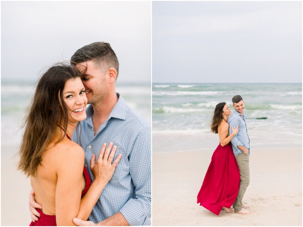 girl in maroon dress for engagement shoot on beach